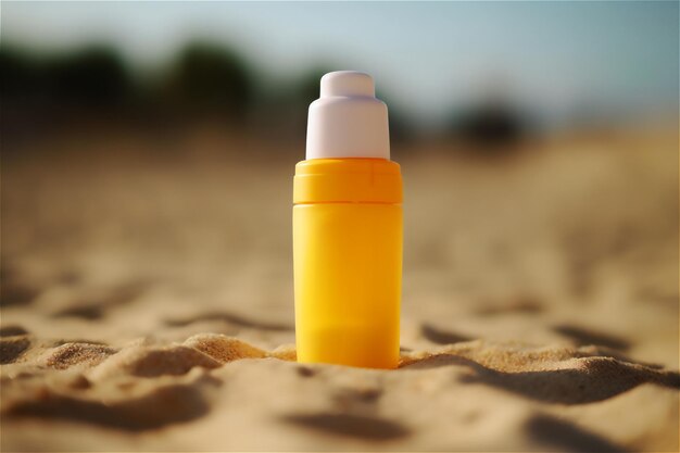 Sunscreen lotion and sunblock cream package mockup on sandy beach generative ai