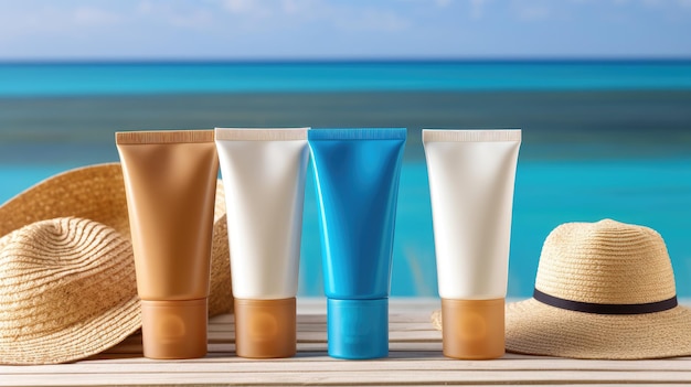 Sunscreen for pool and sea skin Plastic bottle with sun protection Spf Generative AI