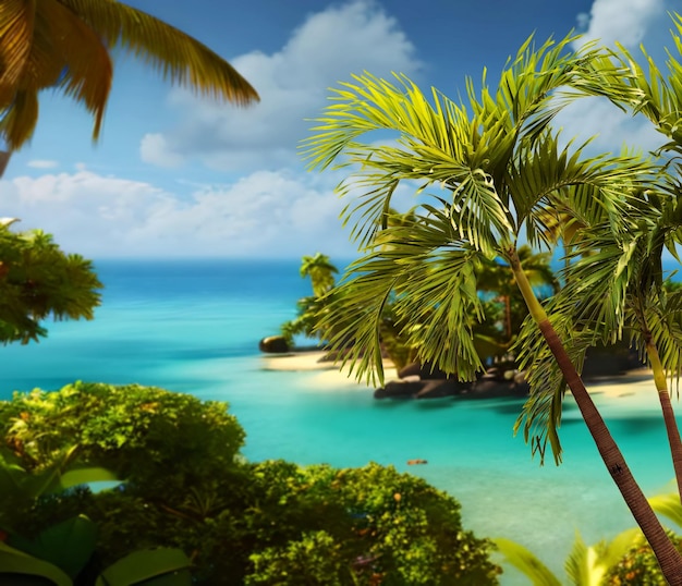 sunsert  on sky  Tropical seascape blured green  sea  water   white beach sand  and palm tree