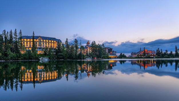 Sunsest over mountain lake Strbske Pleso in Slovakia