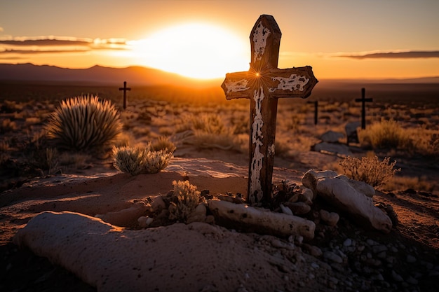 Sunset over abandoned metal cross in desert generative AI