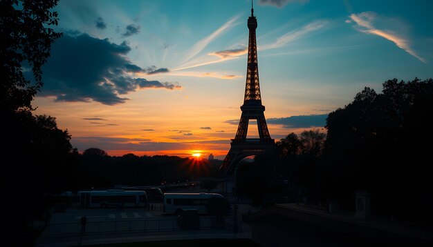 Sunset atmosphere at the Eiffel Tower in Paris Seamless looping image image 4k isolated with white