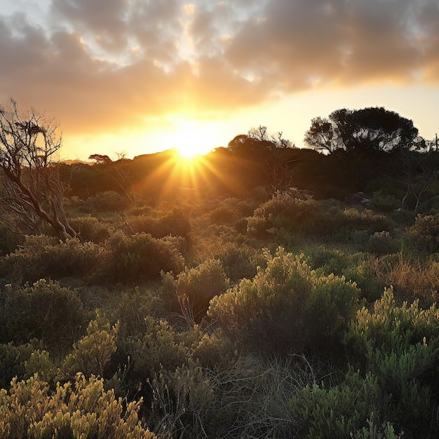 Sunset over the Australian Outback with bushes and shrubs