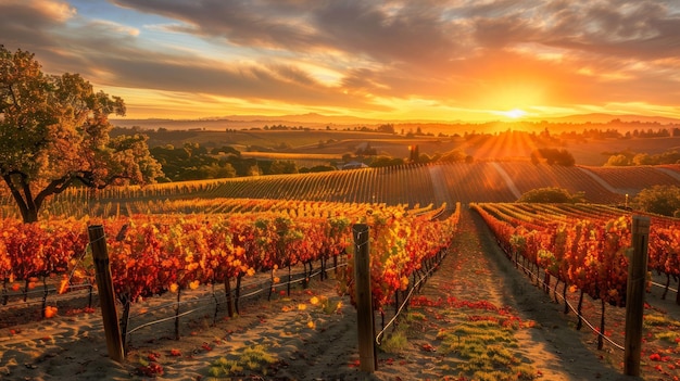 Sunset Over Autumn Vineyard Rows