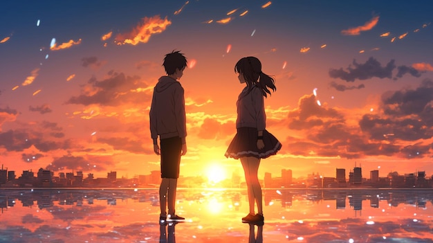 Sunset Background Full Body Two Anime Characters Looking