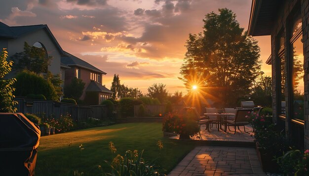 Photo sunset in the backyard of a private house with a patio and a deck