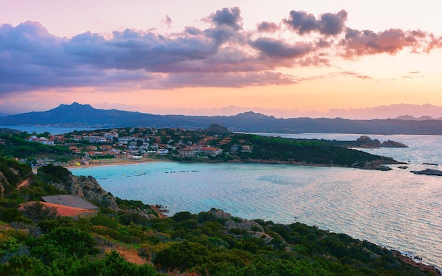 Sunset at Baja Sardinia Beach, Costa Smeralda, Sardinia of Italy