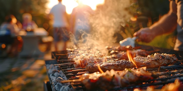 Sunset BBQ with friends smokey grill with meat at golden hour