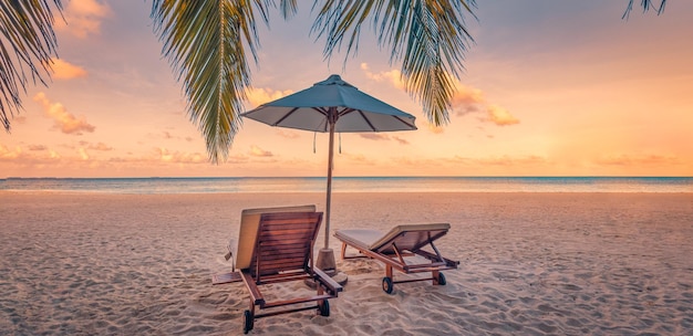 Sunset beach getaway couple destination scenic, honeymoon wallpaper. Palm tree idyllic sky sea sand