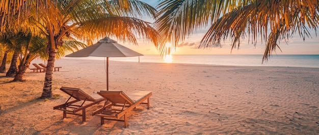 Sunset beach getaway couple destination scenic, honeymoon wallpaper. Palm tree idyllic sky sea sand