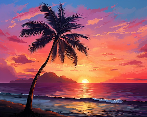 Sunset on the beach and lonely palm generated by AI