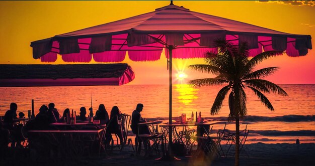 sunset on beach people silhouette sit on restaurant sun down blue skywild flowers on sand