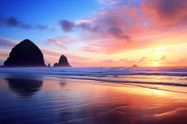 Sunset at the beach in Torre de Piedra Galicia Spain