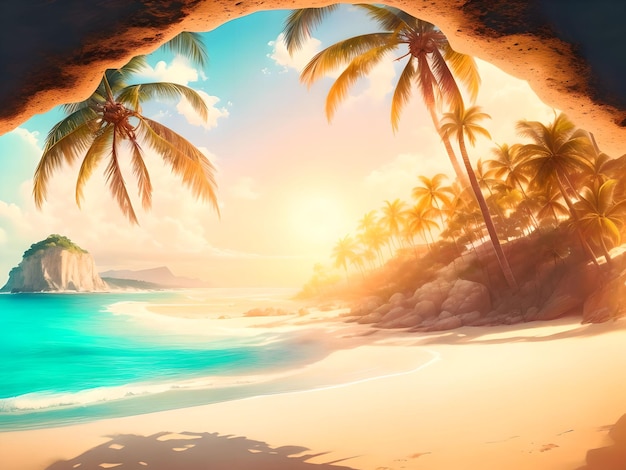 Sunset Beach View with Palm Tree from The Cave