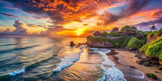 Photo a sunset over a beach with a beach and ocean view