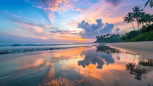 a sunset on a beach with a beautiful sunset