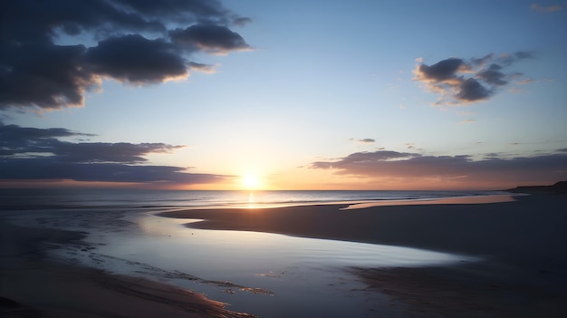 A sunset over a beach with a blue sky and clouds