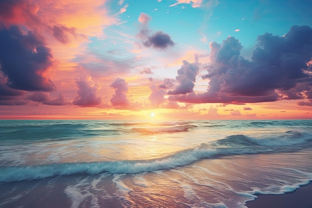 Sunset over a beach with clouds