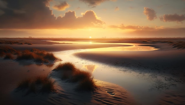 A sunset over a beach with a cloudy sky