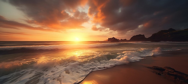 A sunset on the beach with a cloudy sky