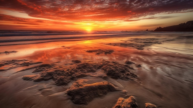 A sunset on the beach with a colorful sky