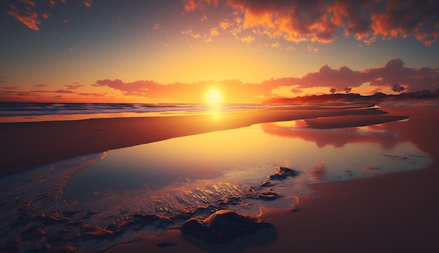 A sunset on the beach with a golden sky and a small island in the background.