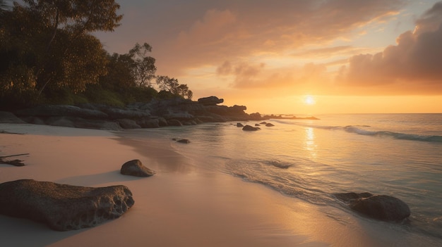 A sunset on a beach with a large orange sky and the sun setting over the horizon.