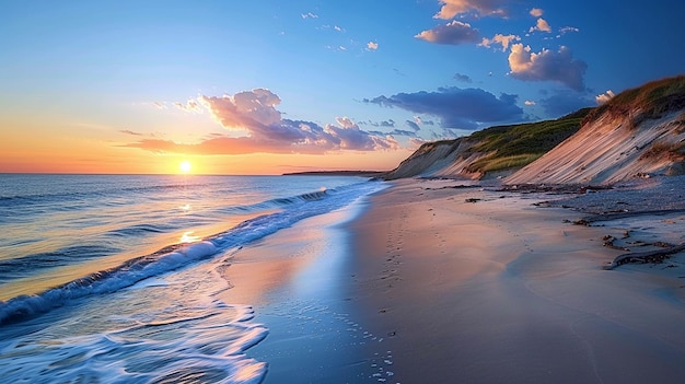 a sunset on a beach with ocean background