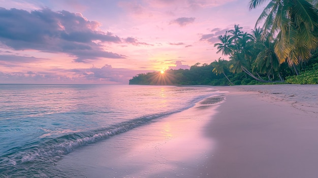 Photo a sunset on a beach with palm trees and a boat in the water