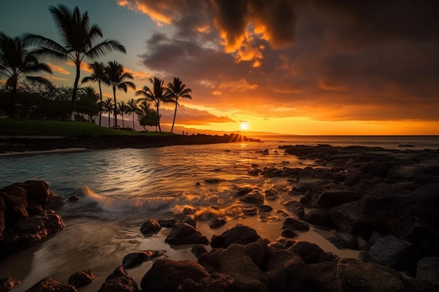 A sunset on the beach with palm trees and a cloudy sky