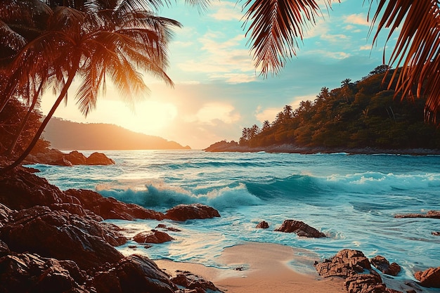 a sunset on the beach with palm trees and rocks