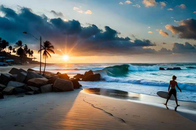 Sunset on a beach with palm trees and rocks