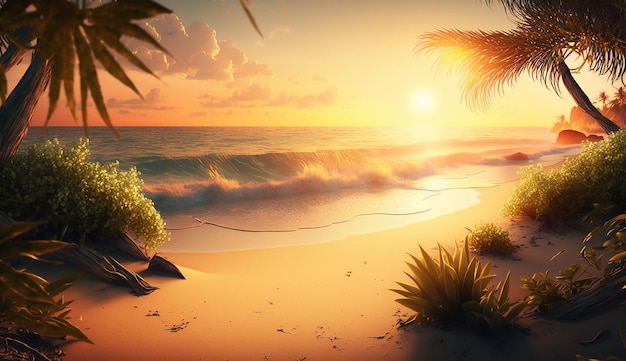 Sunset on the beach with palm trees and the sun