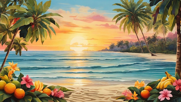 sunset on the beach with palm trees and sunset