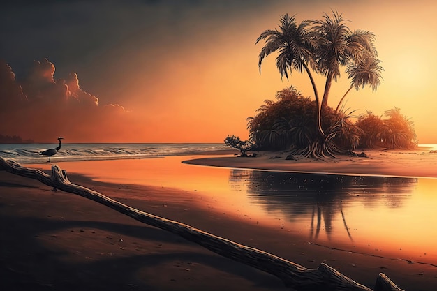 A sunset on the beach with palm trees and a sunset