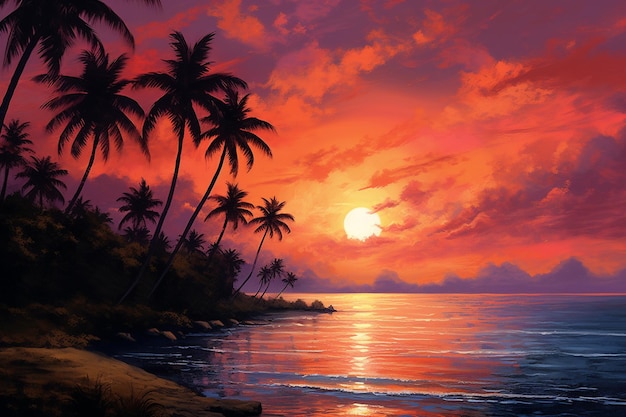 Sunset on the beach with palm trees