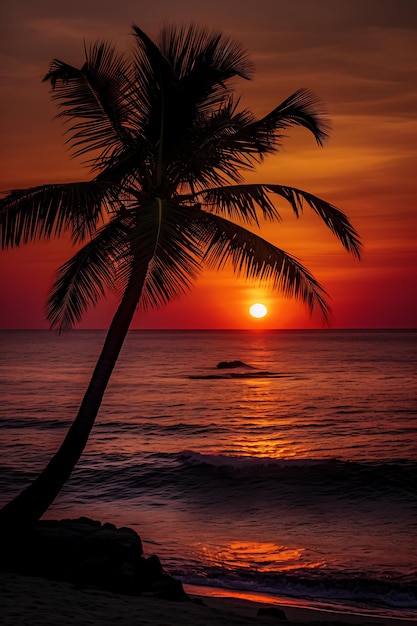 sunset on a beach with palm trees