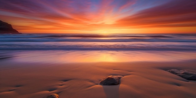 A sunset on the beach with a rock in the foreground