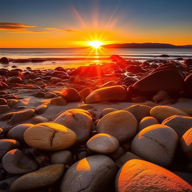 A sunset on the beach with the sun setting over the horizon