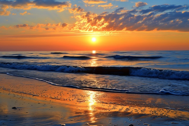 a sunset over a beach with a sunset in the background