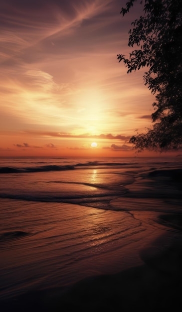 a sunset on a beach with a tree branch in the foreground