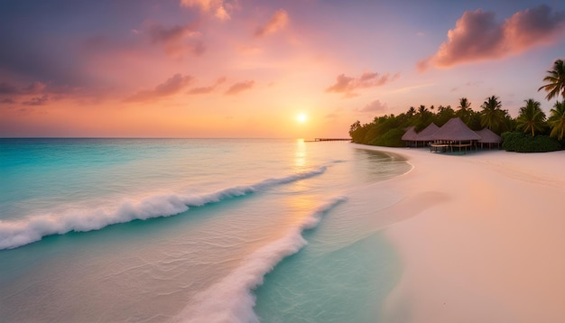 a sunset over a beach with a tropical island in the background