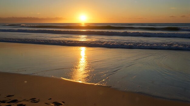 Photo sunset on the beach with a wave in the water