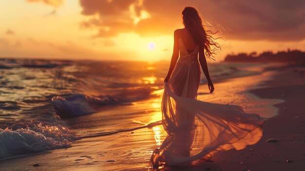 At sunset on the beach a woman wearing a long dress Generative AI