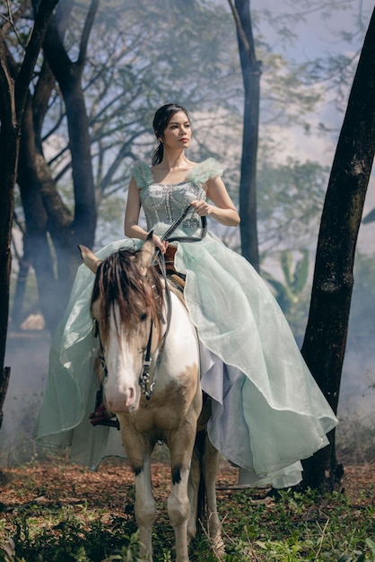 At sunset a beautiful sensual girl and her horse go through the woods Horses are adored by girls