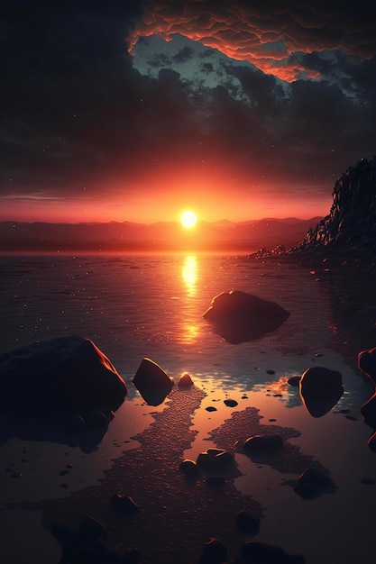 Sunset over a body of water with rocks in the foreground generative ai