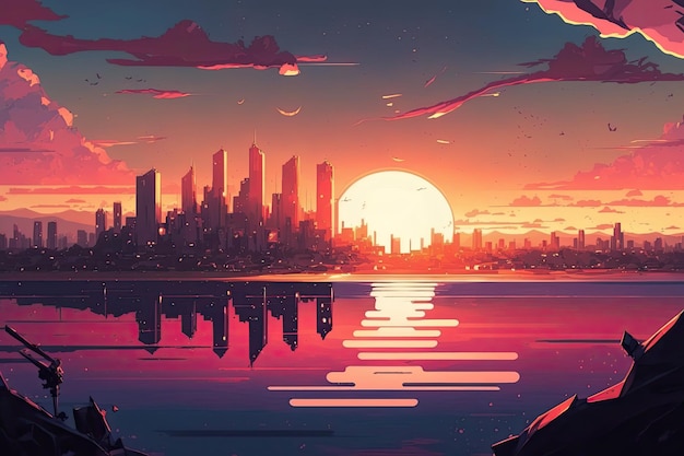 Sunset over a bright city 2D Anime scenery