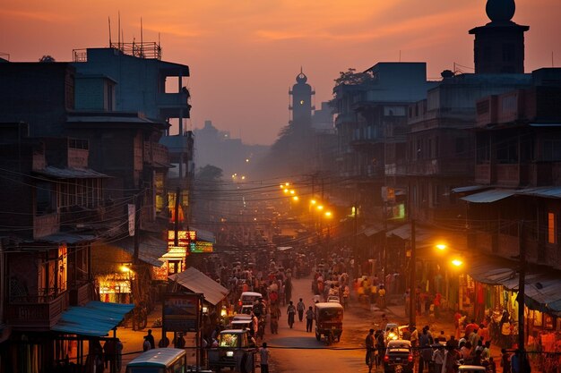 Sunset over a bustling bazaar