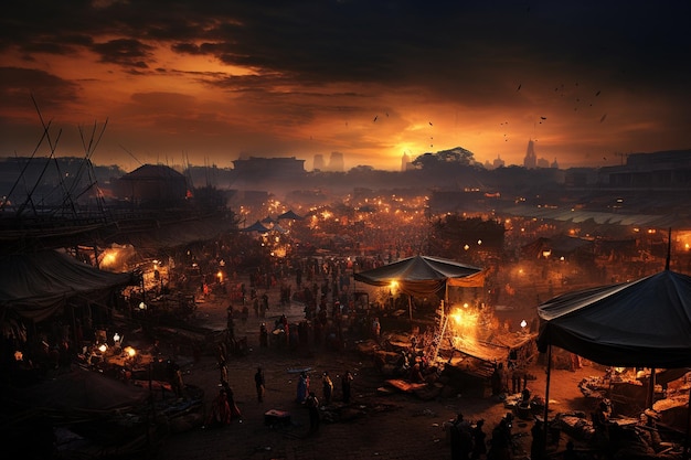 Sunset over a bustling bazaar