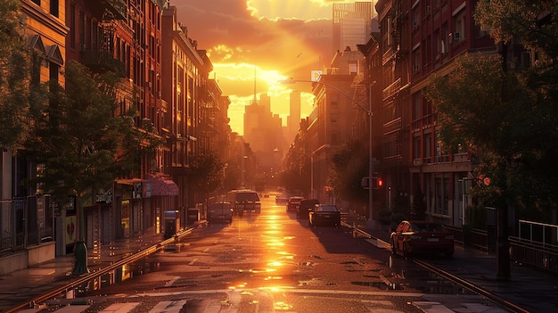 A Sunset in a Bustling City Focusing on Harmonious Contrasts